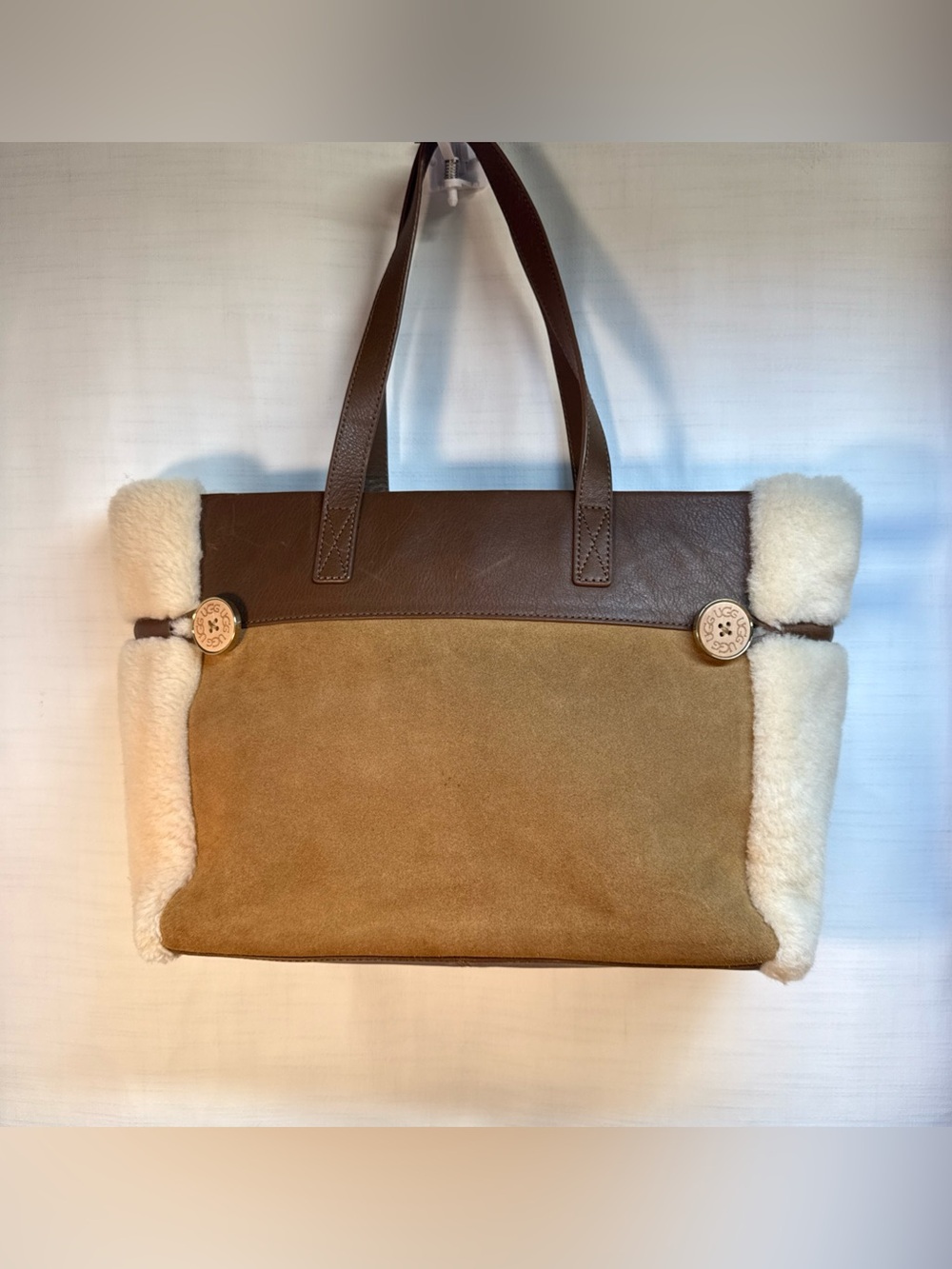 UGG Bailey Tote Bag Purse Suede Leather Brown Shearling Sides Double Handle